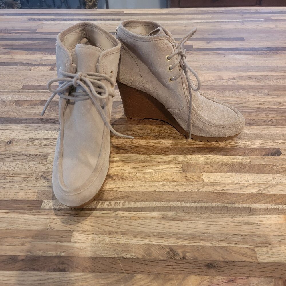 Michael Kors Rory Heeled Boots in a beige/dune suede Lace Up Closure